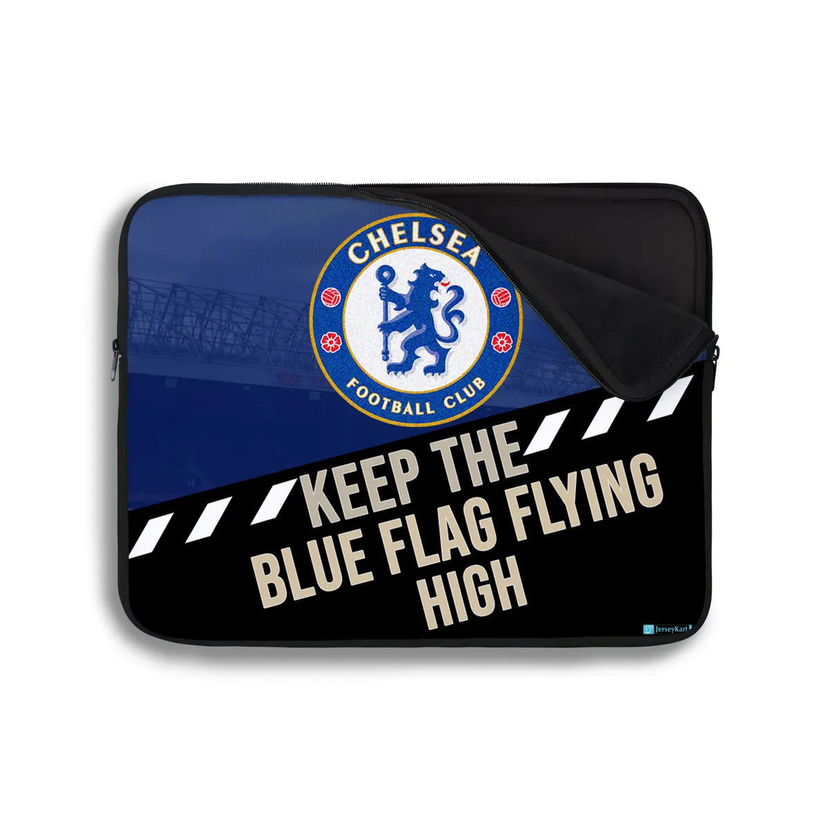 Laptop sleeve with Chelsea Football Club logo and text on a white background