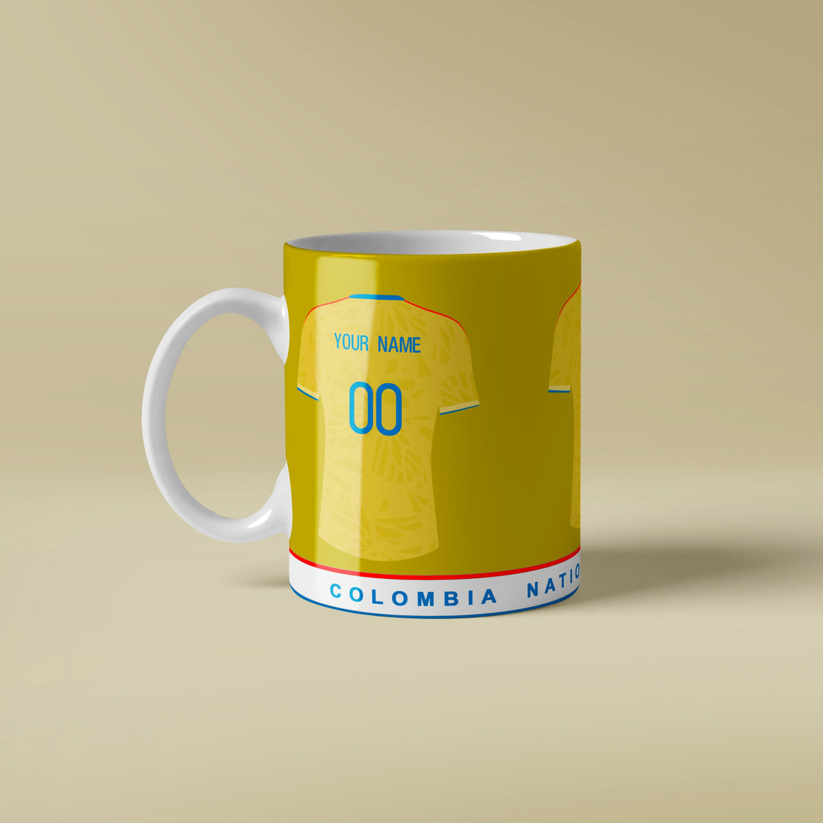 Mug with Colombia soccer jersey design on a beige background