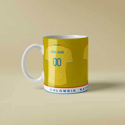 Mug with Colombia soccer jersey design on a beige background