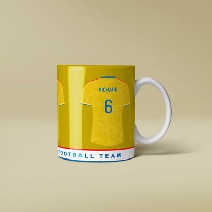 Mug with a design of a soccer jersey on a beige background