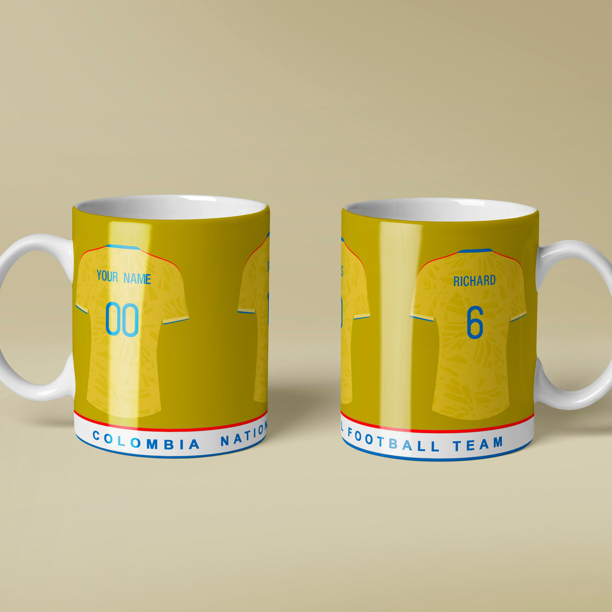 Two yellow mugs designed like football jerseys on a beige background