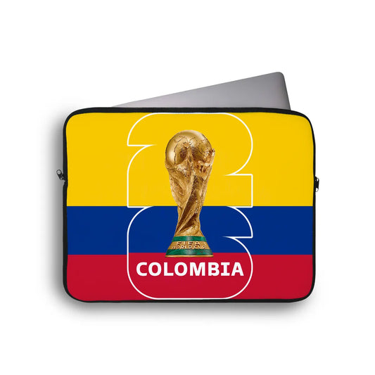 Laptop sleeve with Colombian flag design and World Cup trophy