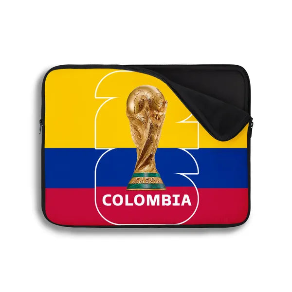 Laptop sleeve with Colombian flag and World Cup trophy design on a white background