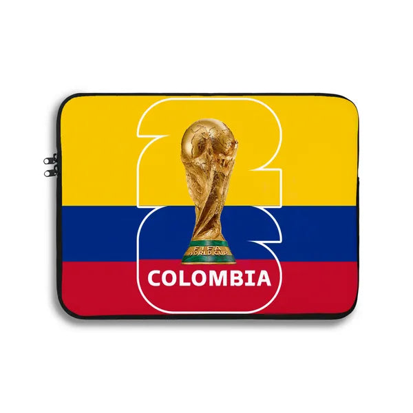 Laptop sleeve with Colombian flag and World Cup trophy design on a white background