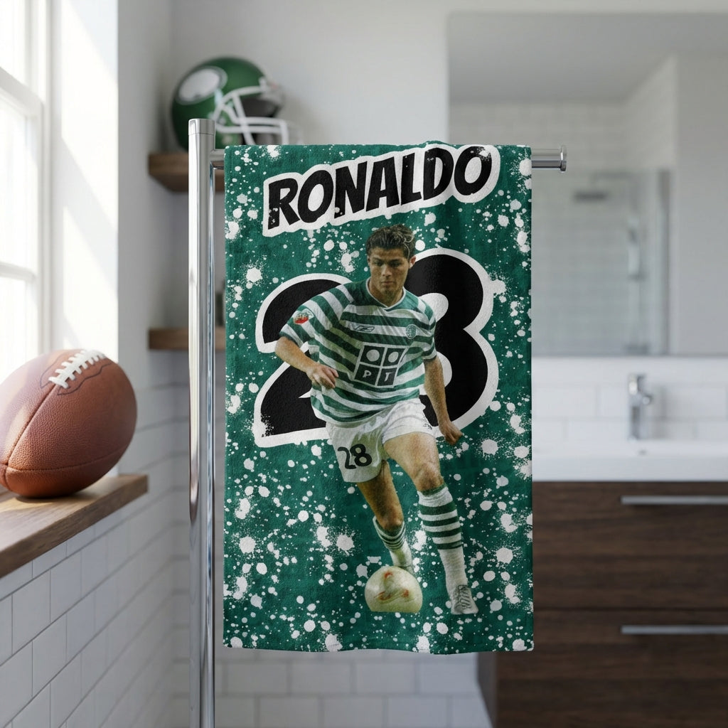 Fridge with a towel featuring a soccer player and the number 23 in a kitchen setting.