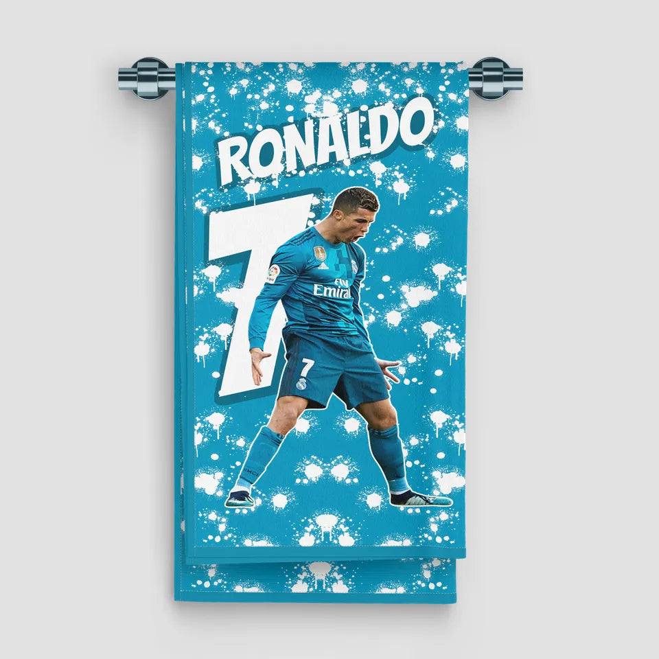 Soccer towel with a player in a blue jersey and 'RONALDO' printed on it.