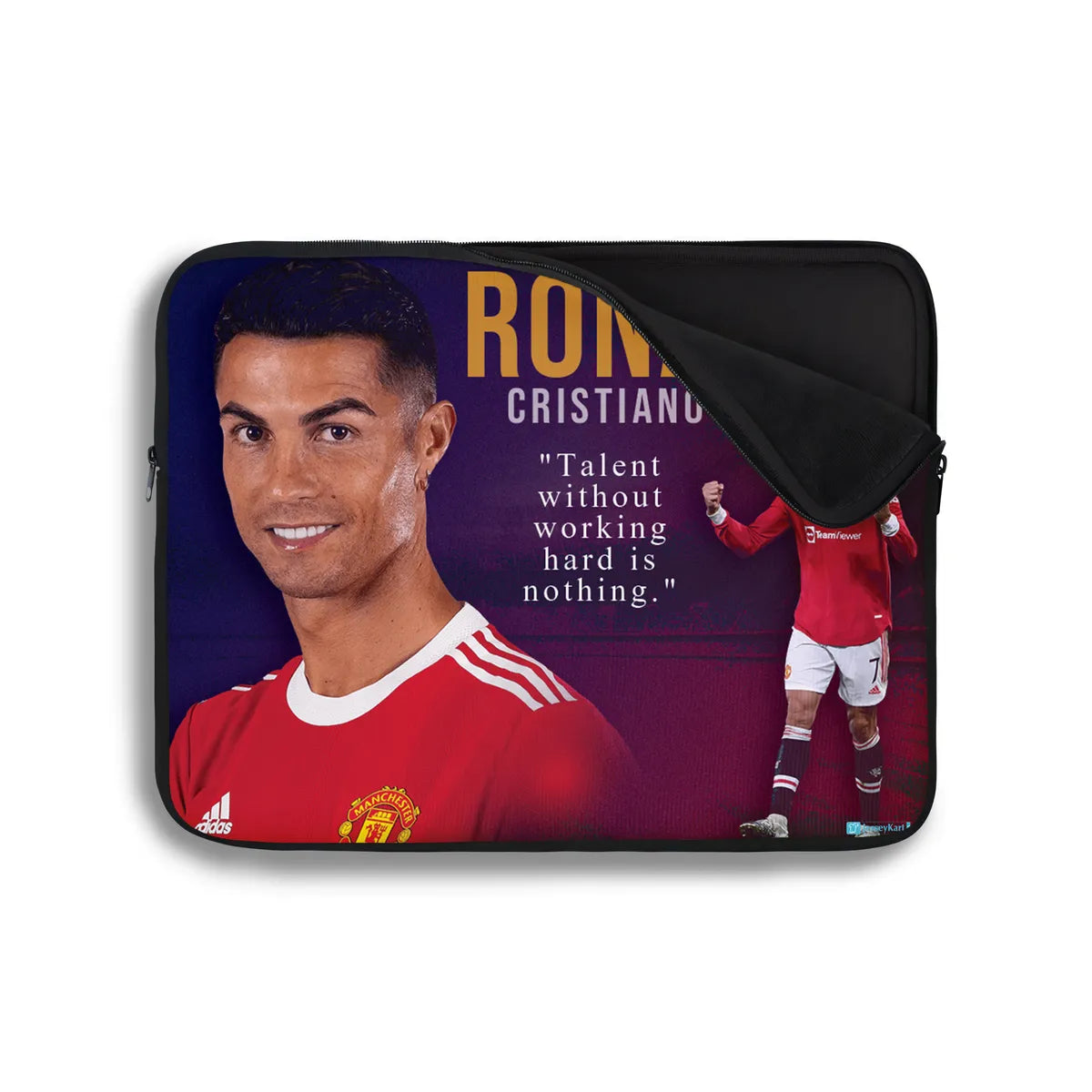 Laptop sleeve with a soccer player in a red jersey and motivational quote on a purple background