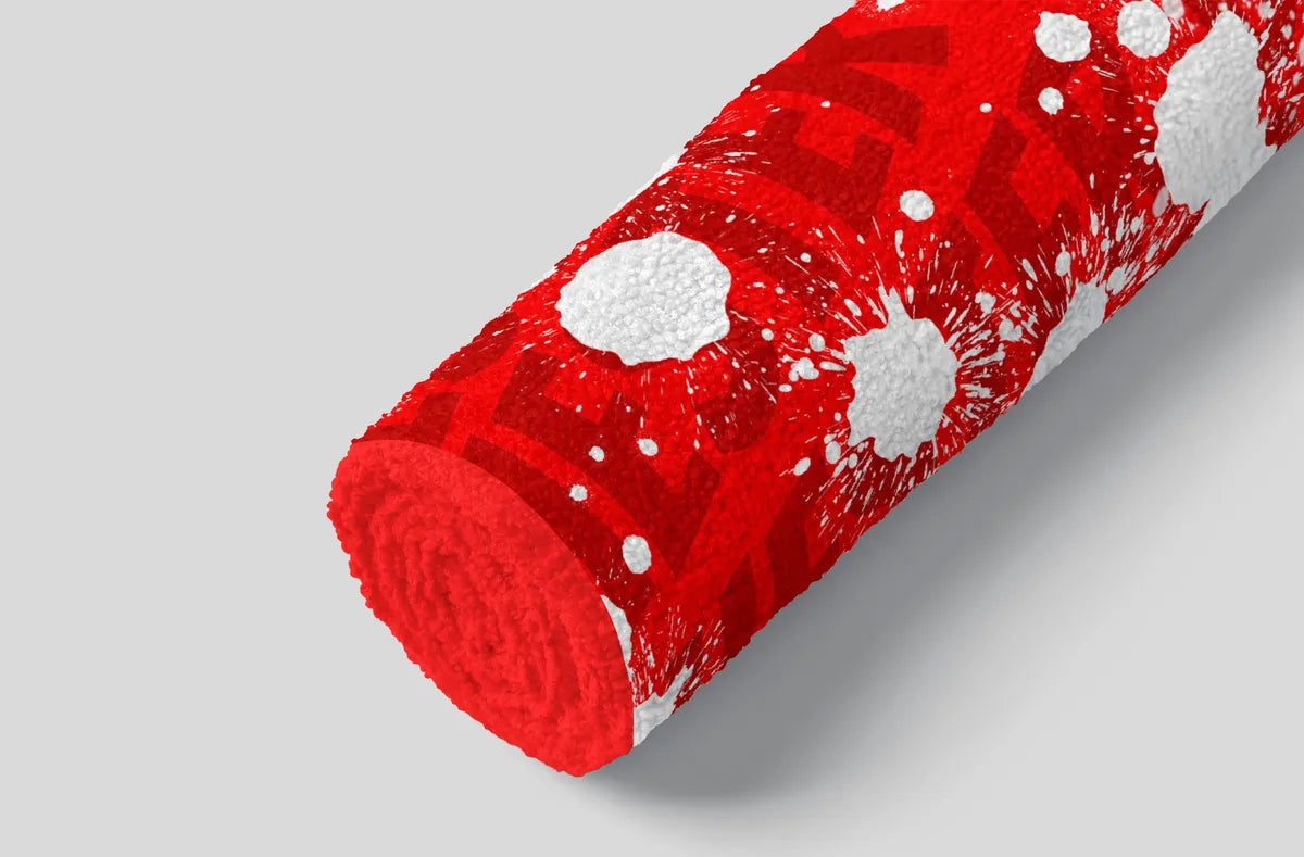 Red cylindrical object with white circular patterns on a gray background