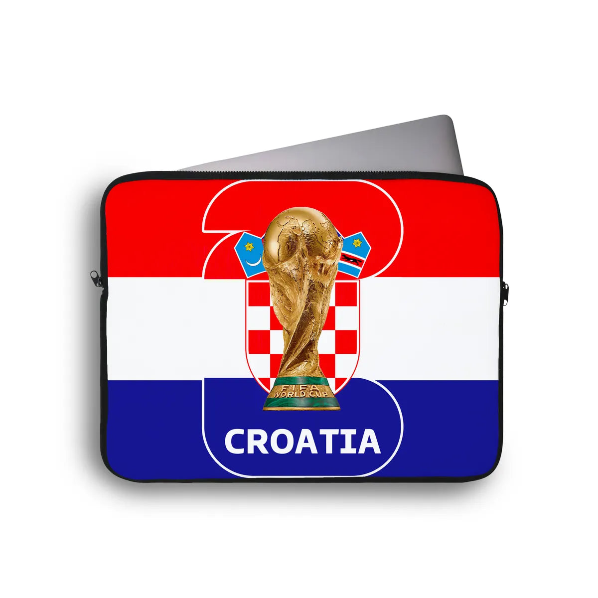 Laptop sleeve with Croatia flag and World Cup trophy design on a white background