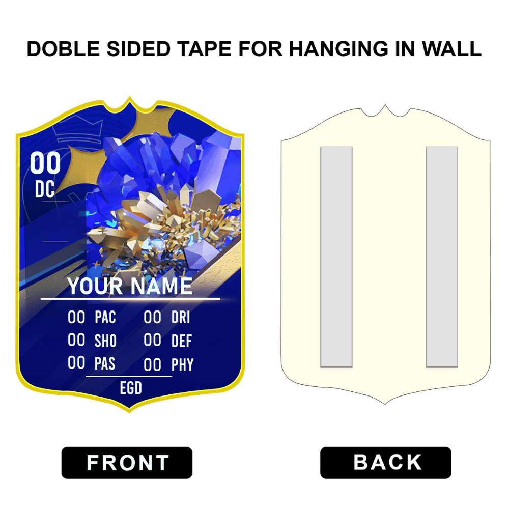 Card with blue and gold design on front and double-sided tape on back, labeled 'Doble Sided Tape for Hanging in Wall'.