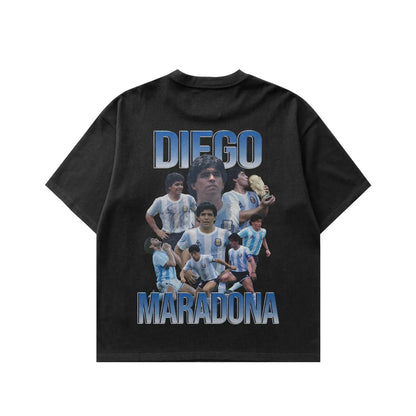 Black t-shirt with a graphic of Diego Maradona and Argentine soccer team on a white background