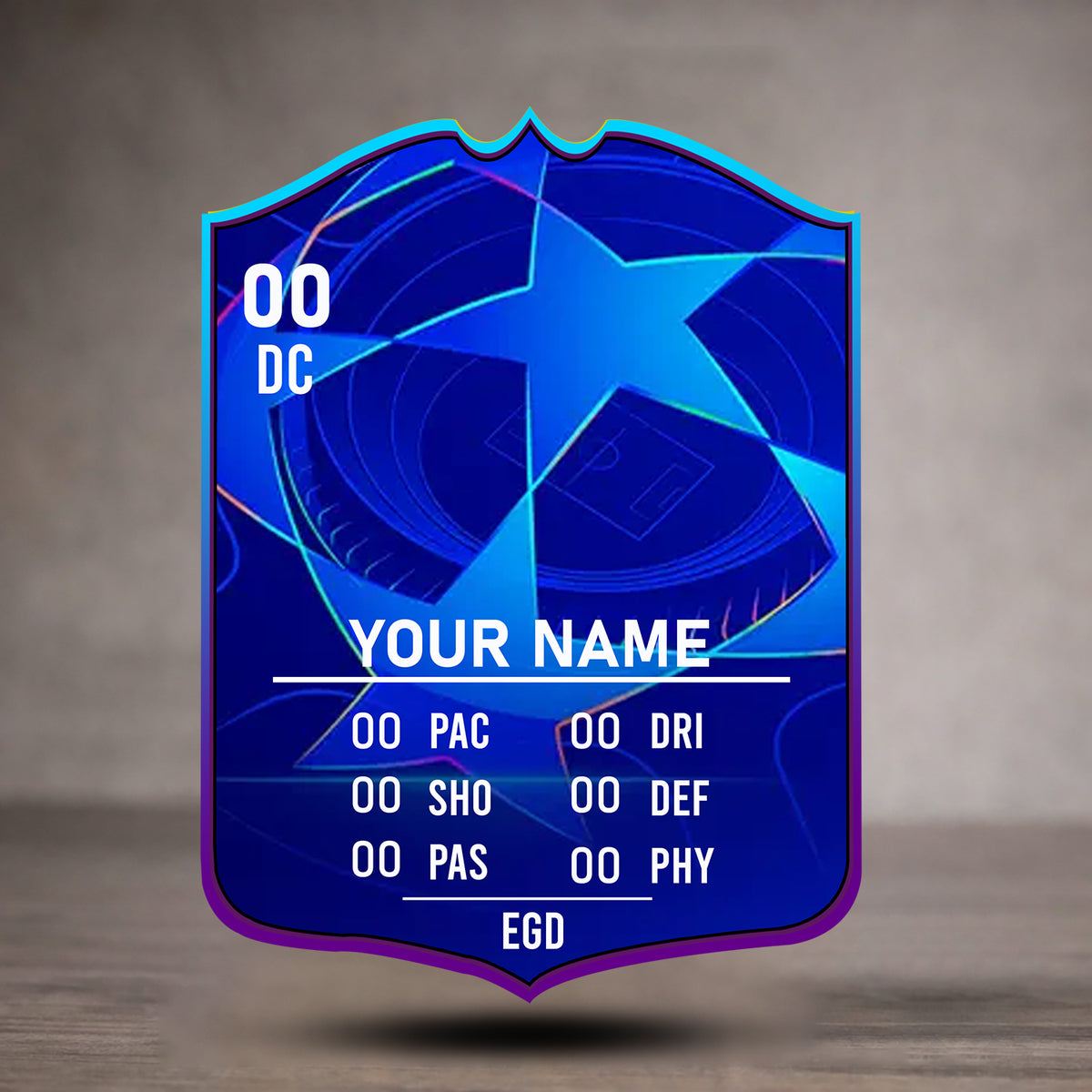 Blue and purple character card with star design on a wooden surface