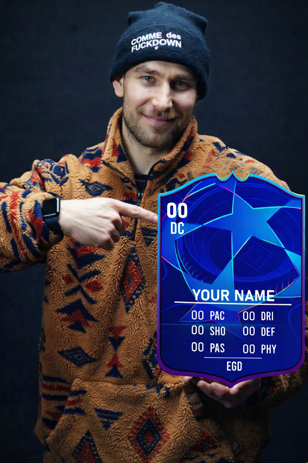 Person wearing a patterned jacket and beanie, pointing at a blue character card with stats.