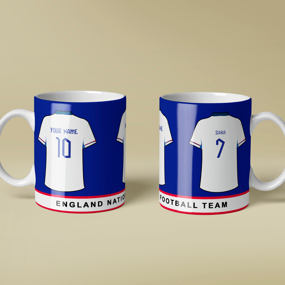 Two mugs with England football team jerseys on a beige background