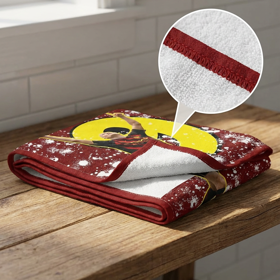 Folded blanket with cartoon character on a wooden table, close-up of texture shown.