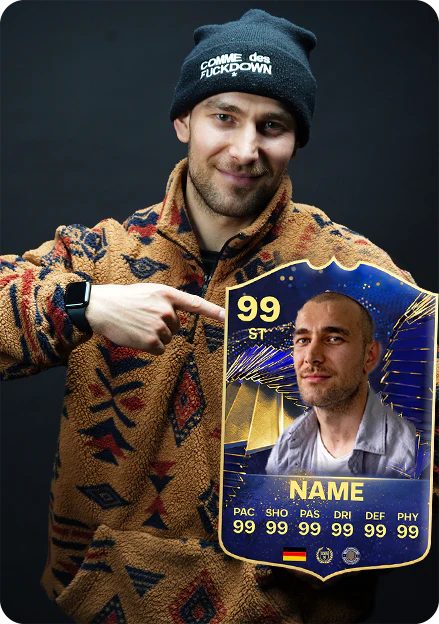 Person wearing a patterned jacket and beanie, pointing at a digital character card with stats on a dark background