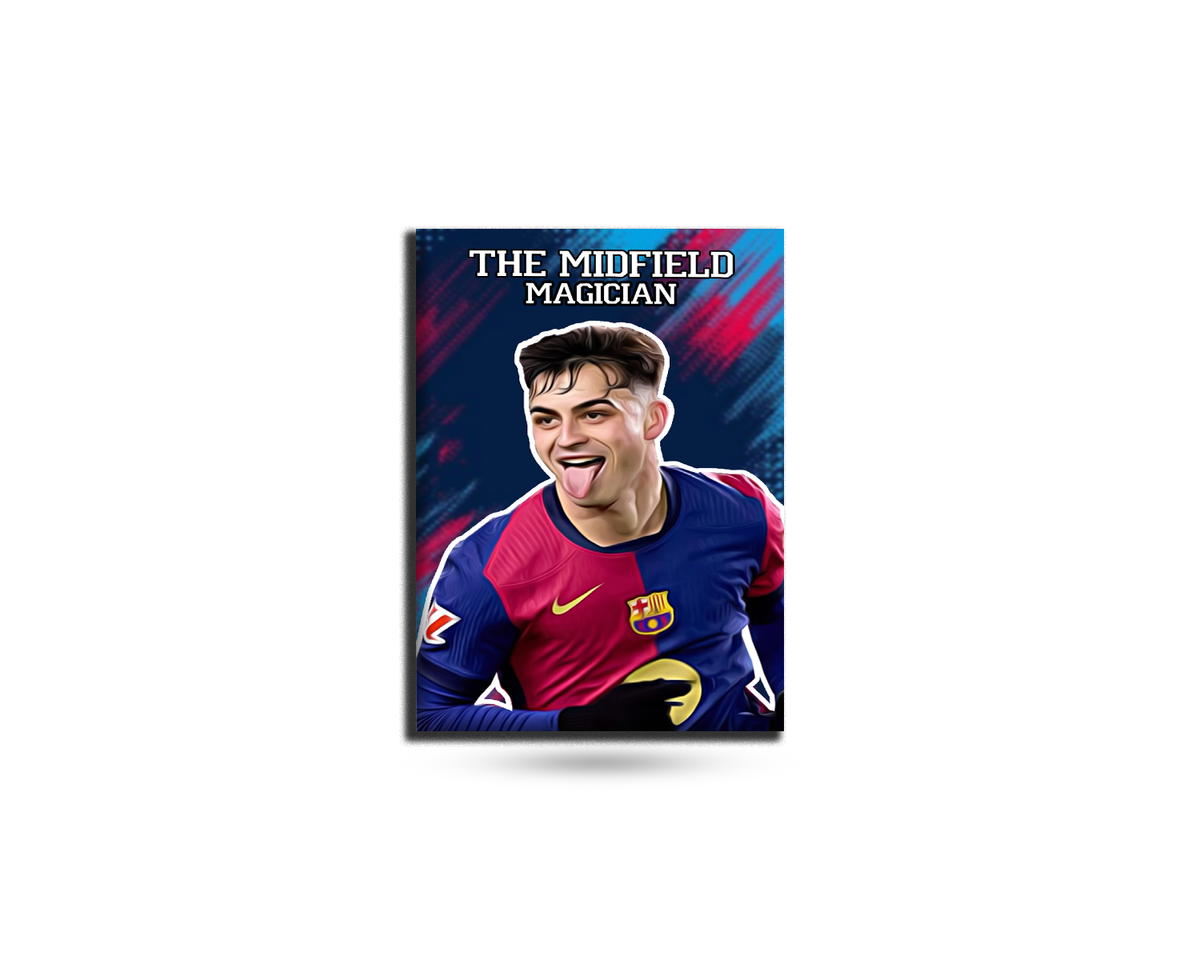 Fridge magnet with a soccer player in a Barcelona jersey and 'The Midfield Magician' text on a white background.