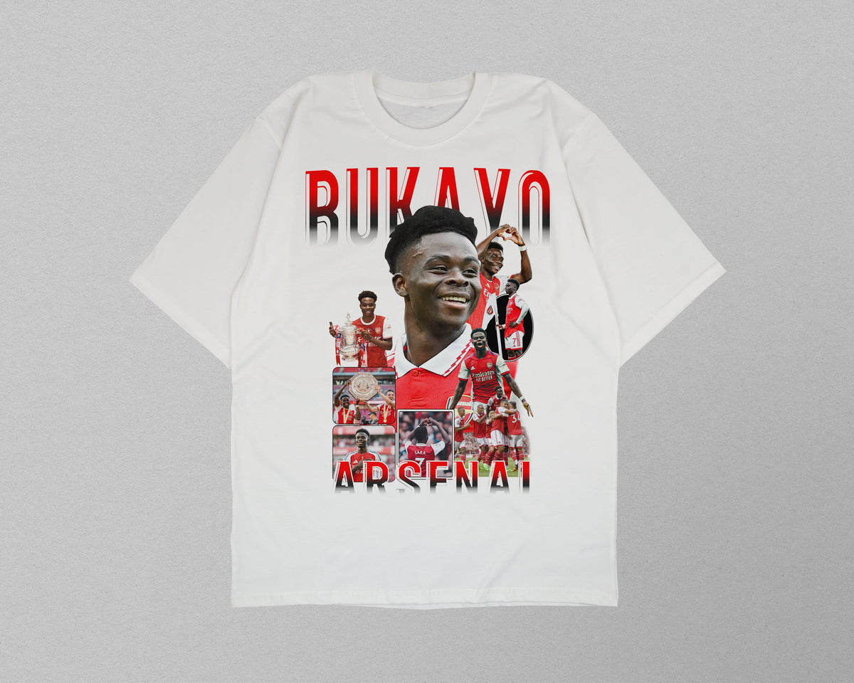 White t-shirt with a collage of images and text on a gray background