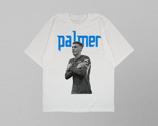 White t-shirt with a black and white photo and 'palmer' text on a gray background