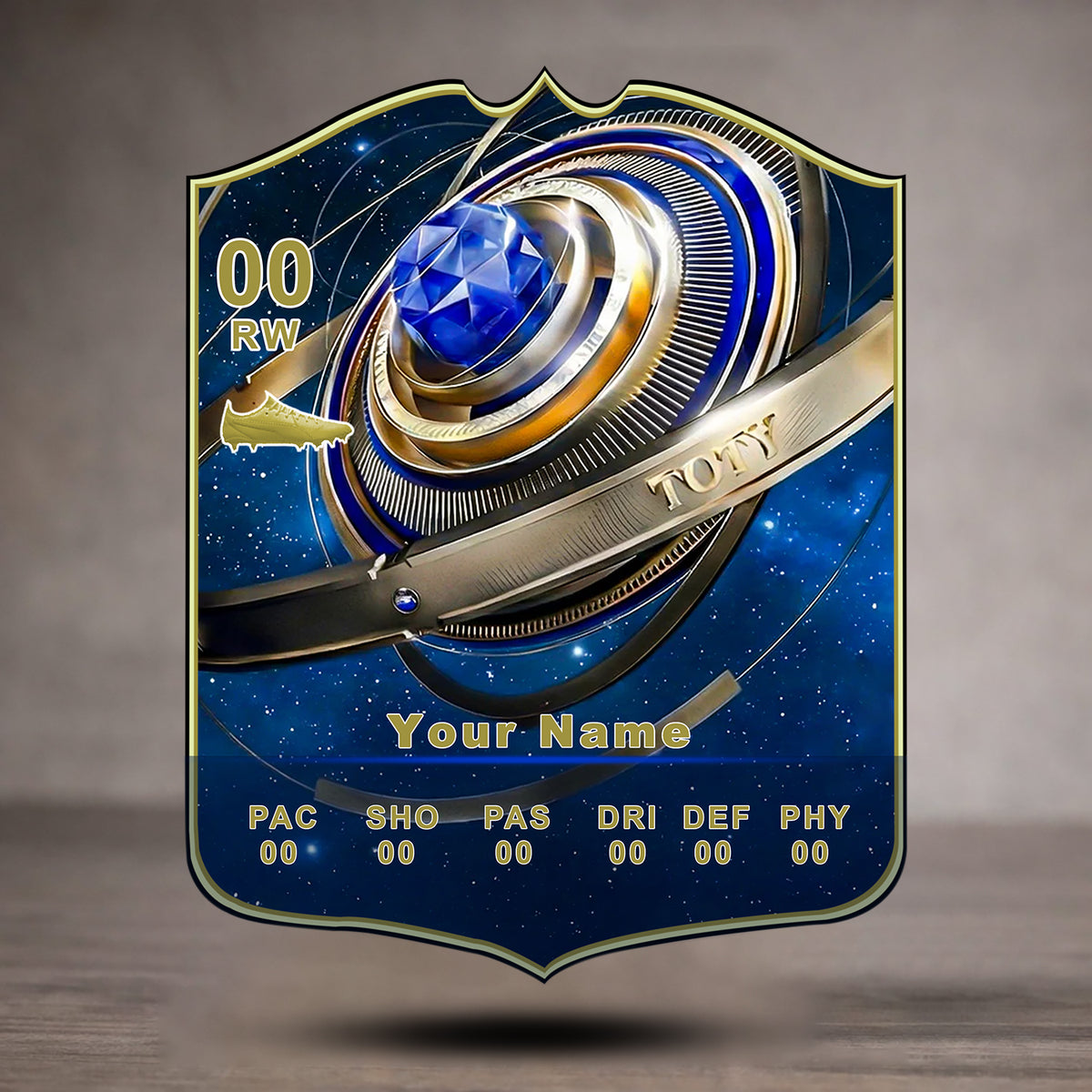 Decorative emblem with blue gem and gold accents on a gray background