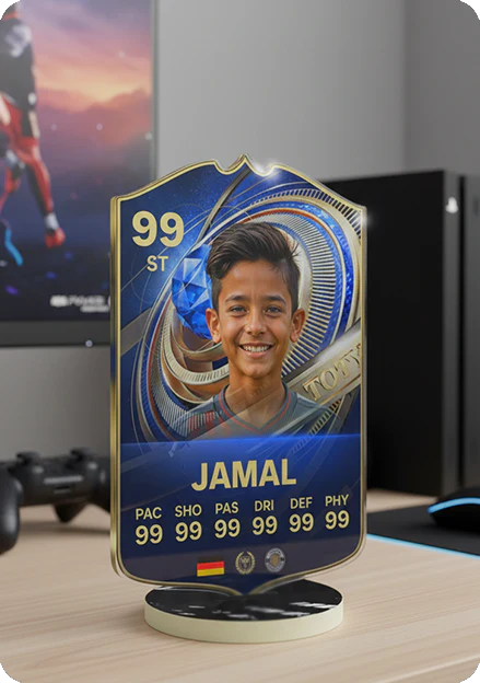 Futuristic player card with 'JAMAL' on a desk, with gaming equipment in the background