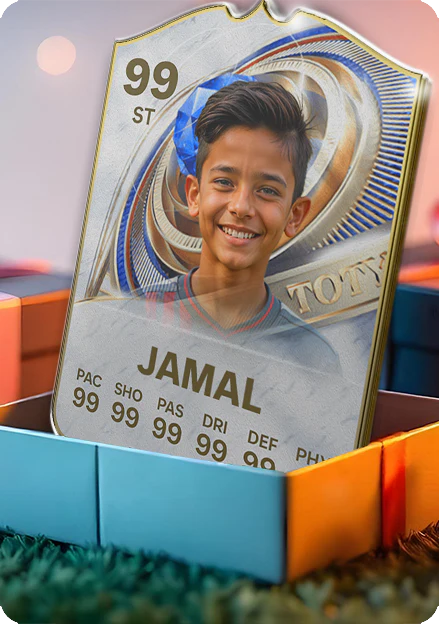 Card featuring a young boy named Jamal with stats on a colorful background