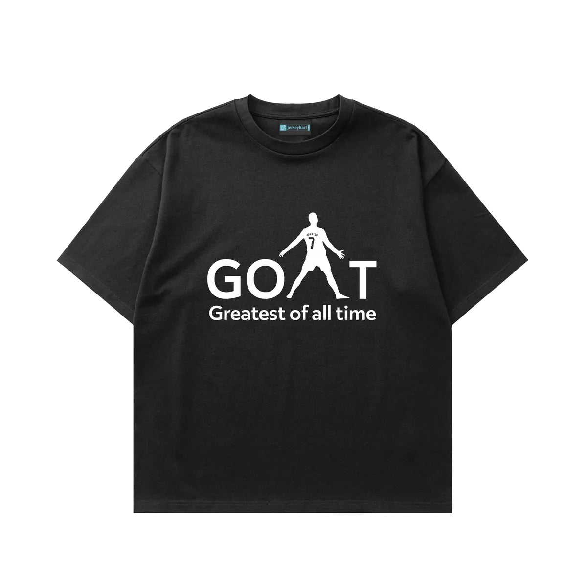Black t-shirt with 'GOAT Greatest of all time' text and graphic on a white background