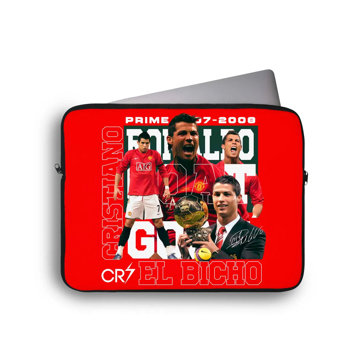 Laptop sleeve with soccer player design featuring a red background and text.