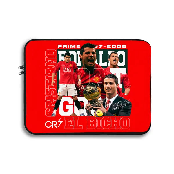 Laptop sleeve with soccer player images and text on a red background