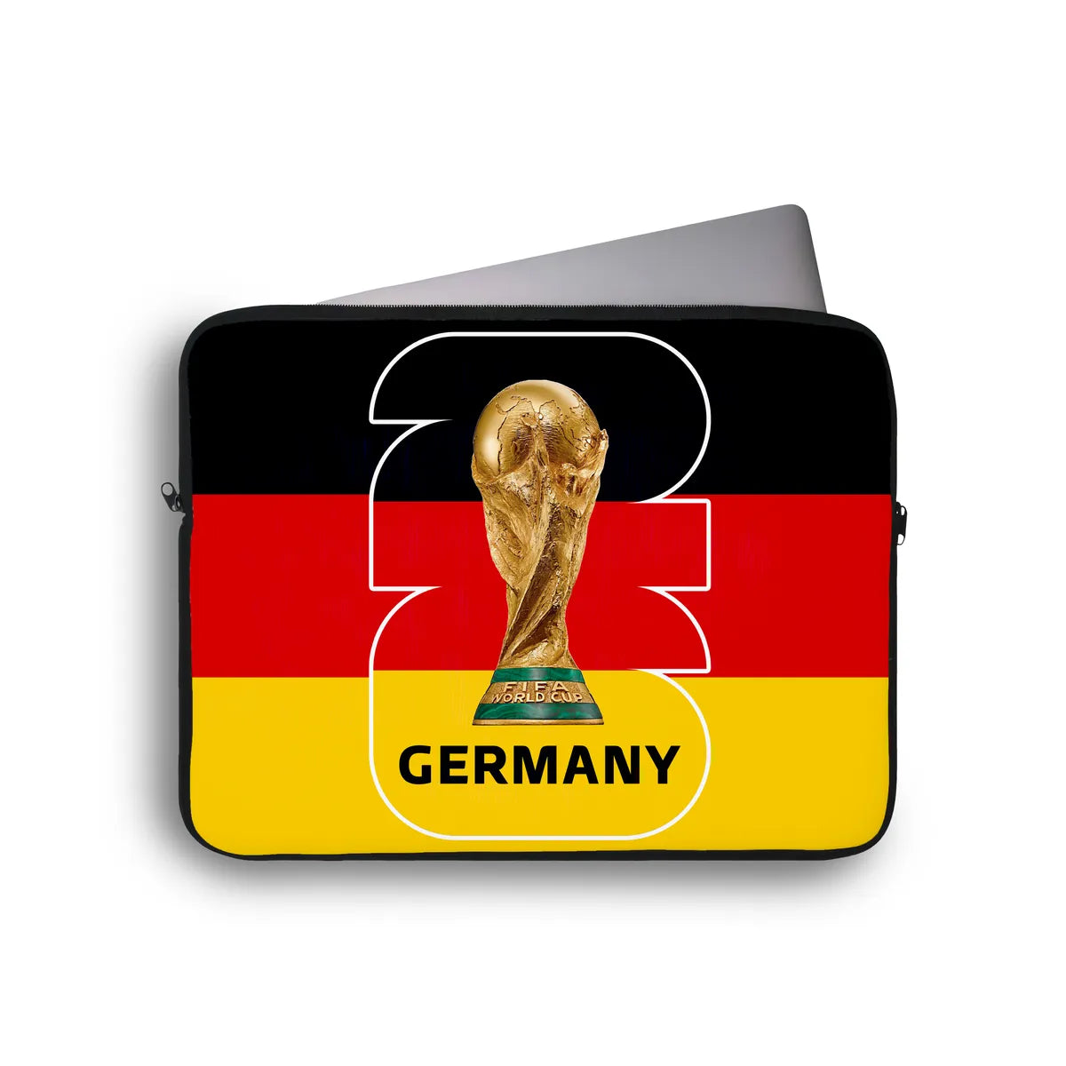 Laptop sleeve with German flag and World Cup trophy design on a white background