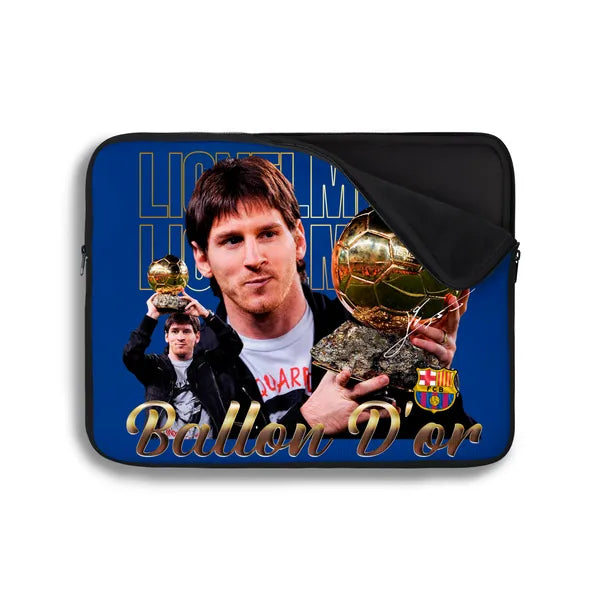 Laptop sleeve with a depiction of a famous sports figure holding trophies and the text 'Ballon d'Or'.