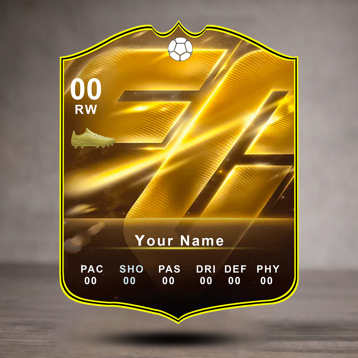 Gold and black sports card with player statistics on a gray background