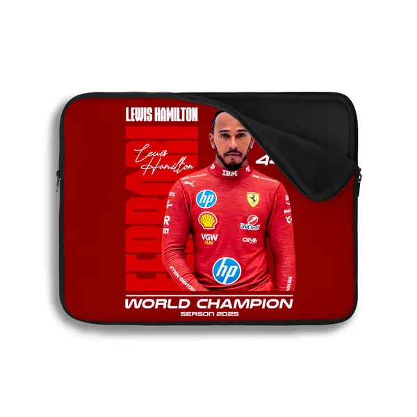 Laptop sleeve with Lewis Hamilton design on a red background