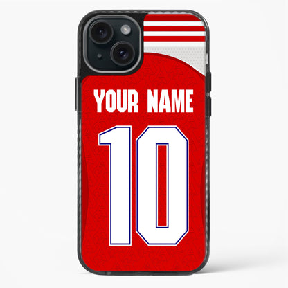 Phone case with red background, white text space, and black border