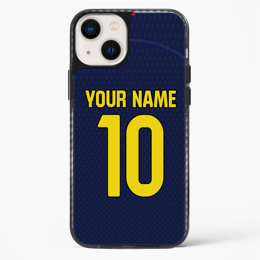 Phone case with customizable text on a blue background