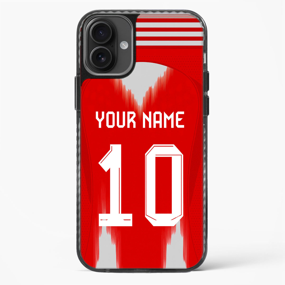 Phone case with red background, white number 10, and customizable text on a white background