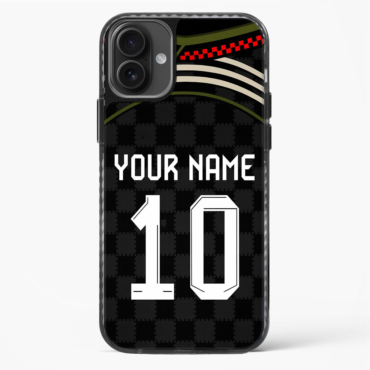 Phone case with customizable text on a black background