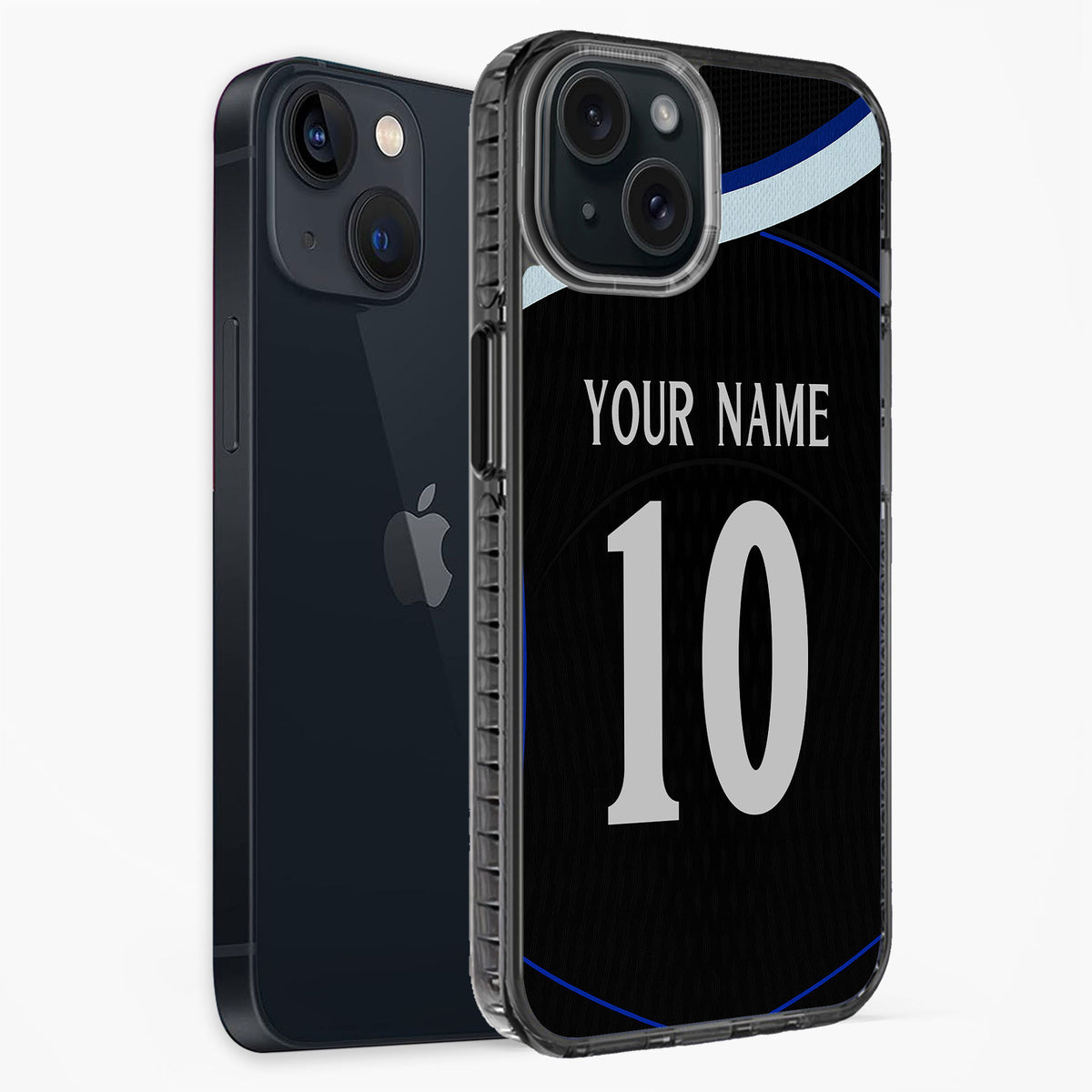 Phone case with customizable name and number on a black background