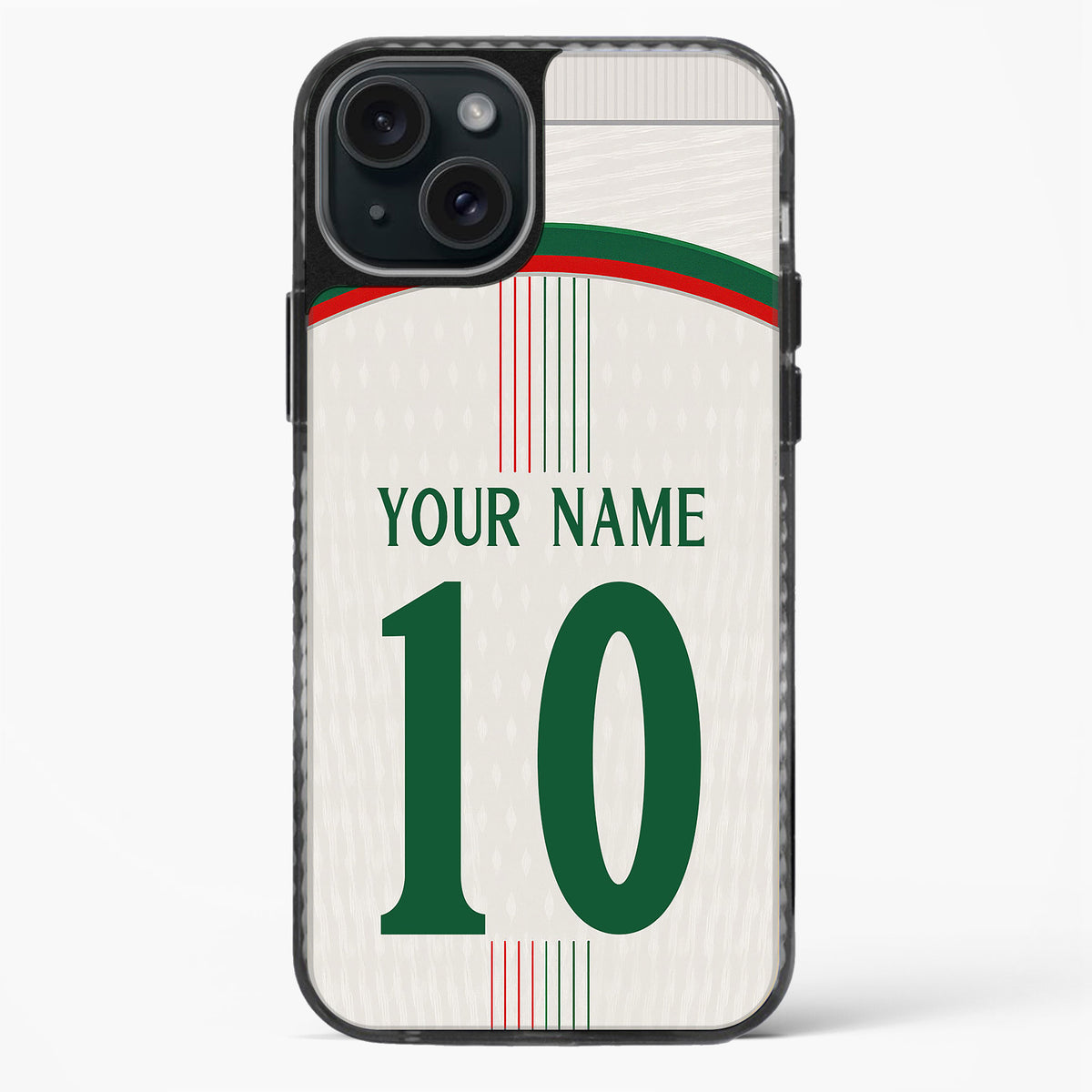 Phone case with soccer jersey design, customizable text, on a white background