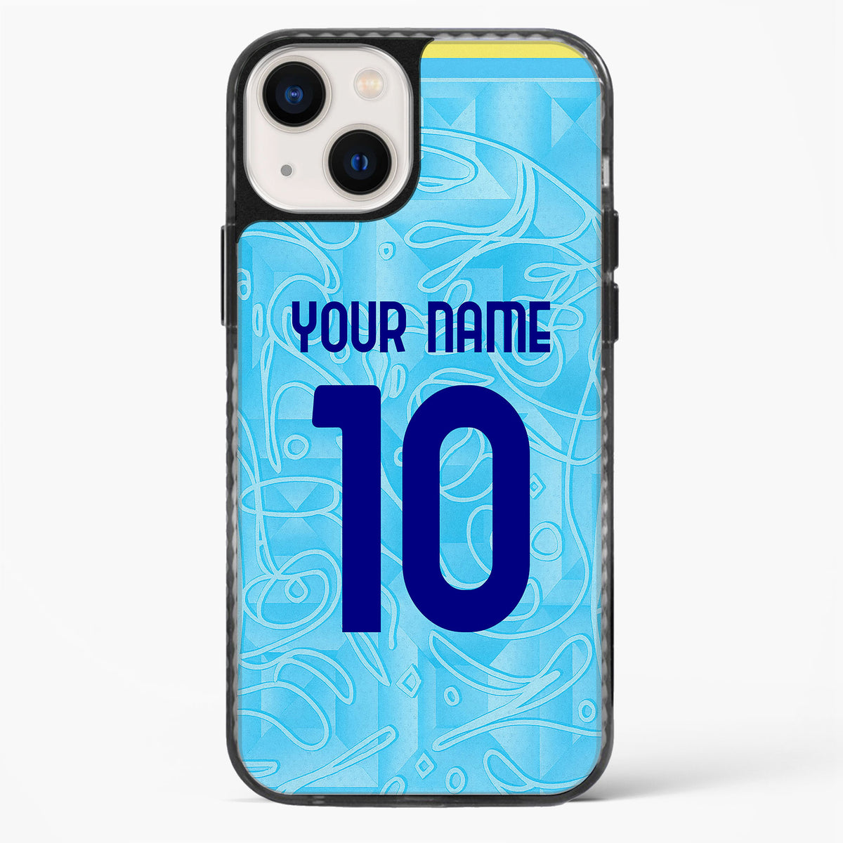 Phone case with blue design and customizable text on a white background