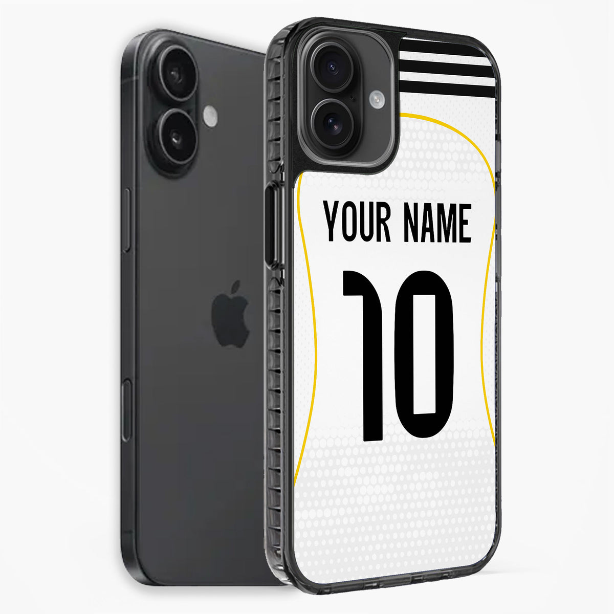 Phone case with customizable text on a white background