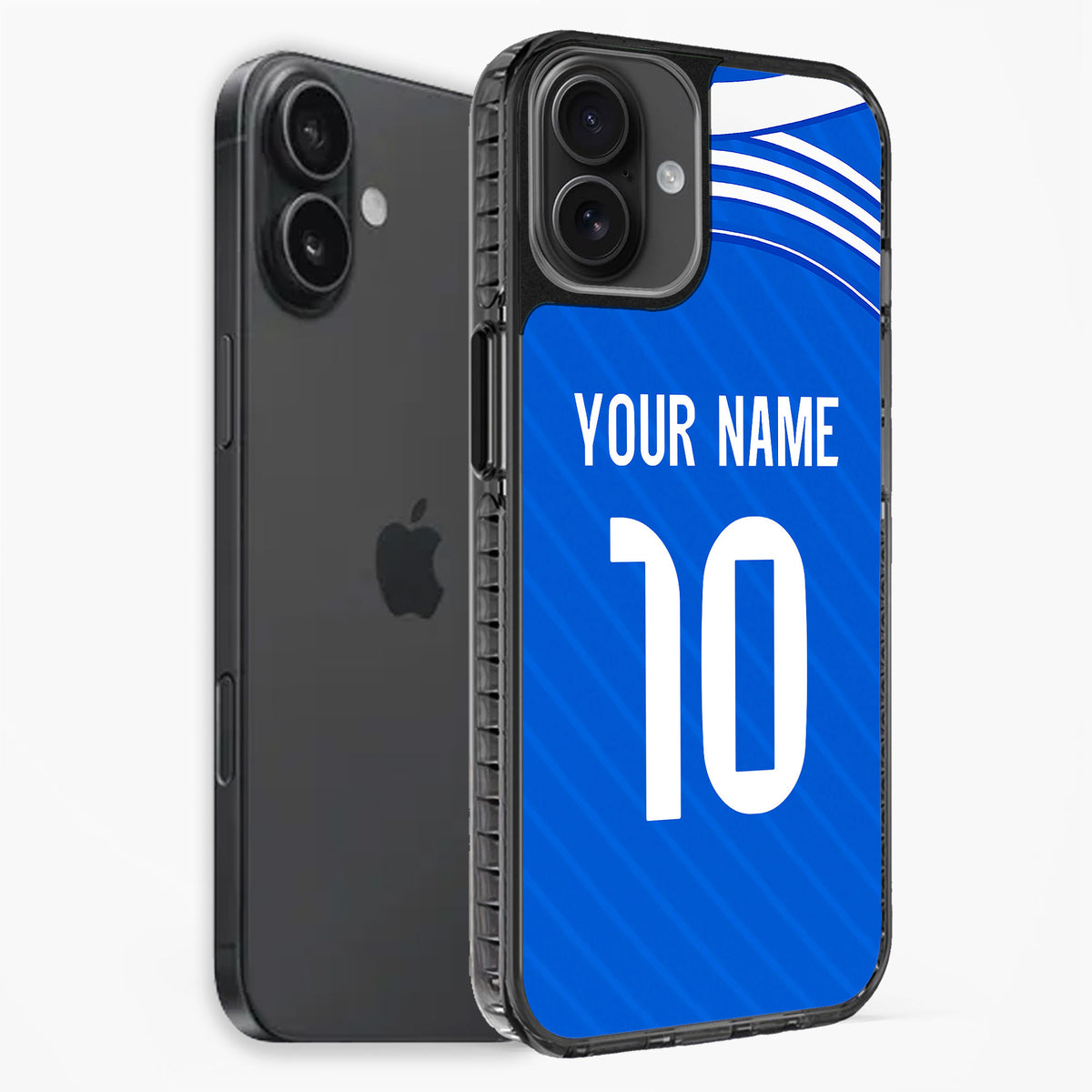 Phone case with blue background, white text, and black sides