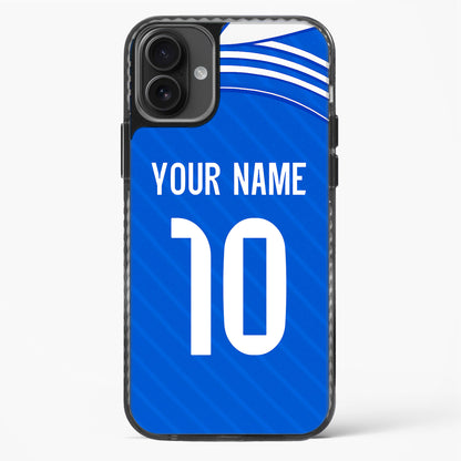 Blue phone case with white text area for personalization on a white background