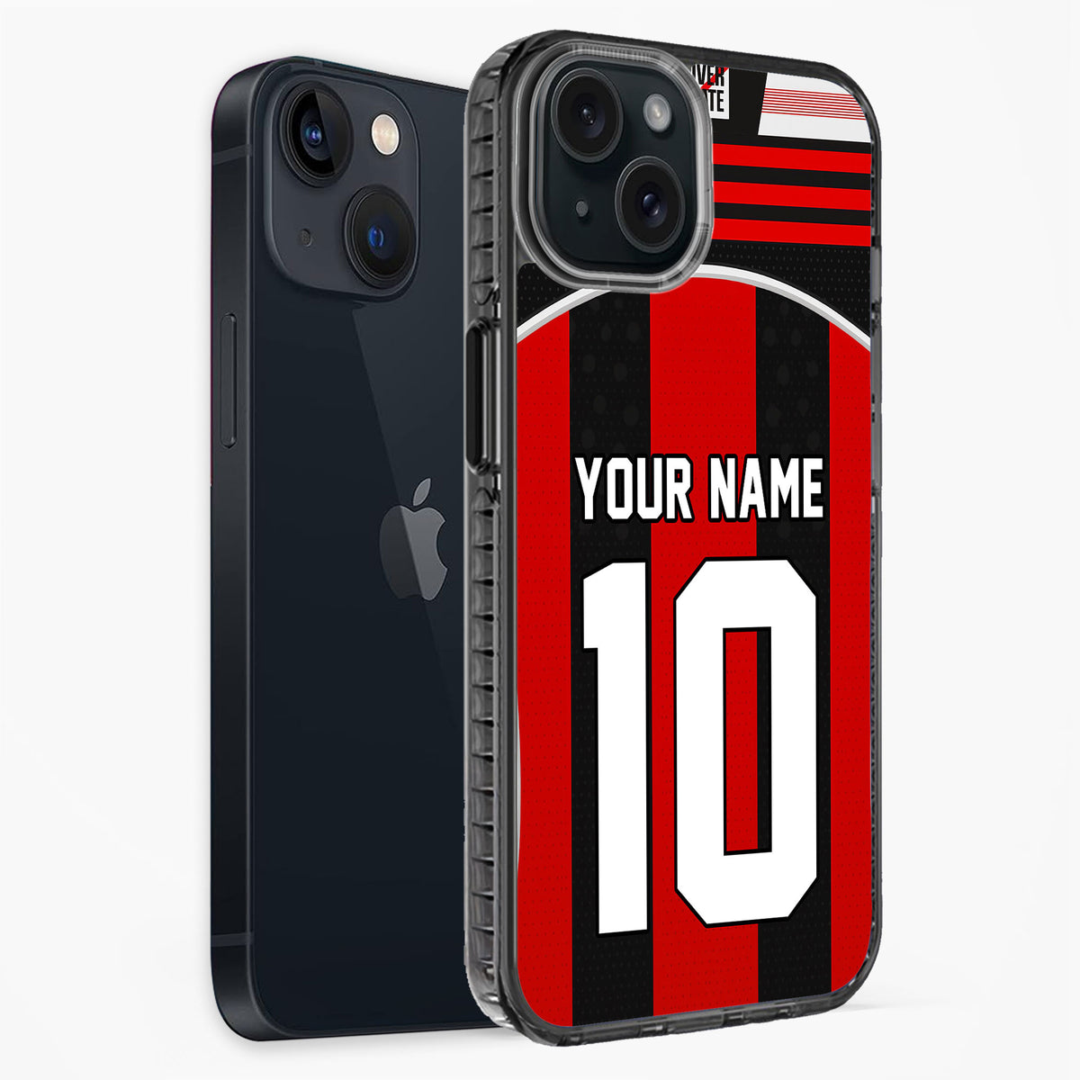 Phone case with red and black design, customizable text, on a white background