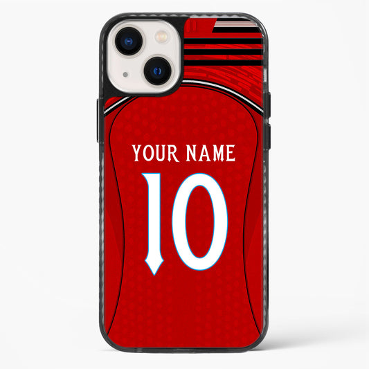 Phone case with red sports jersey design, customizable text, on a white background