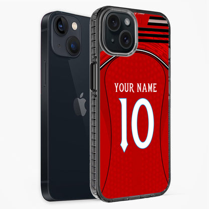 Phone case with red sports jersey design and customizable text on a white background