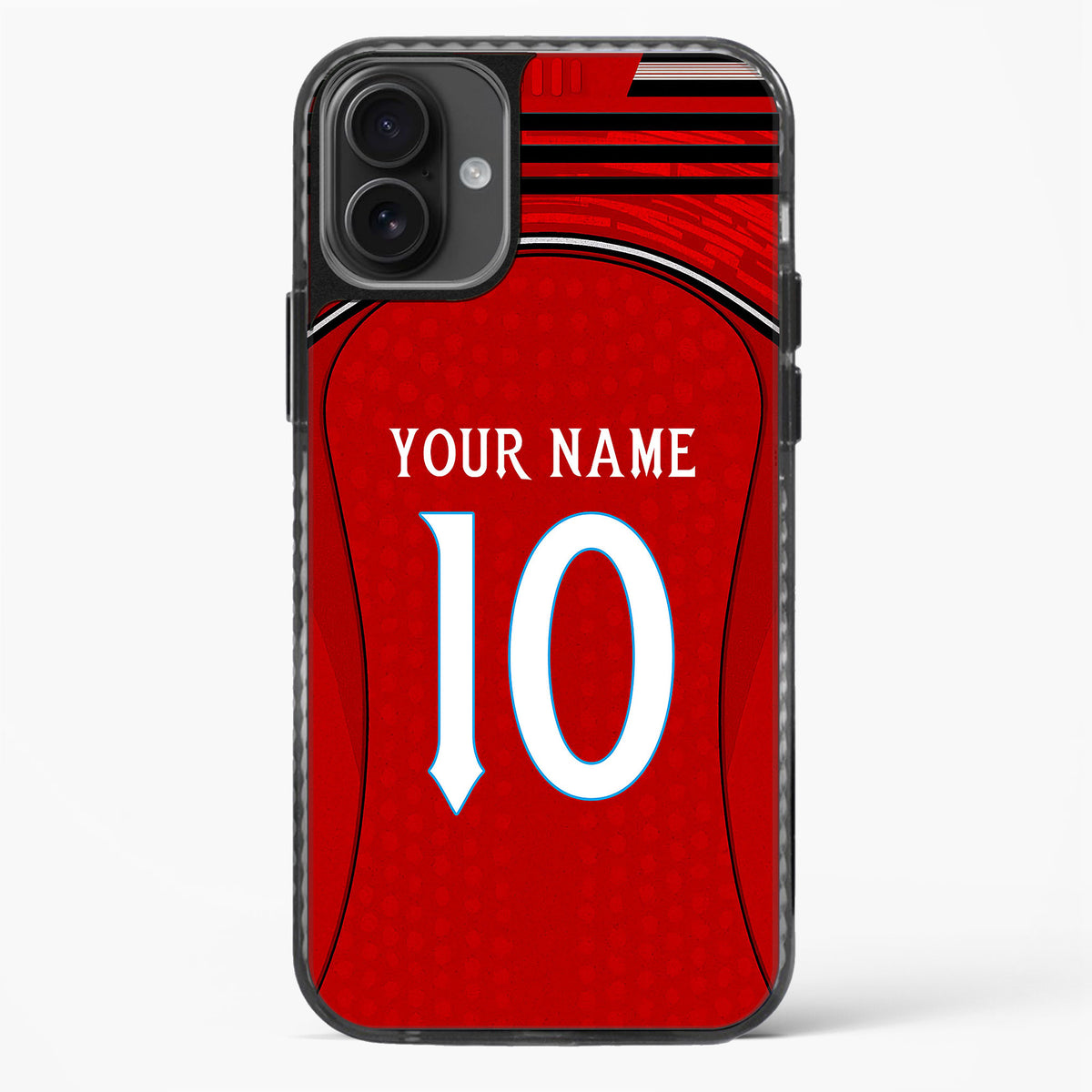 Phone case with red sports jersey design, customizable text, on a white background