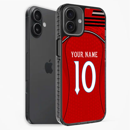 Phone case with red sports jersey design and customizable text on a white background