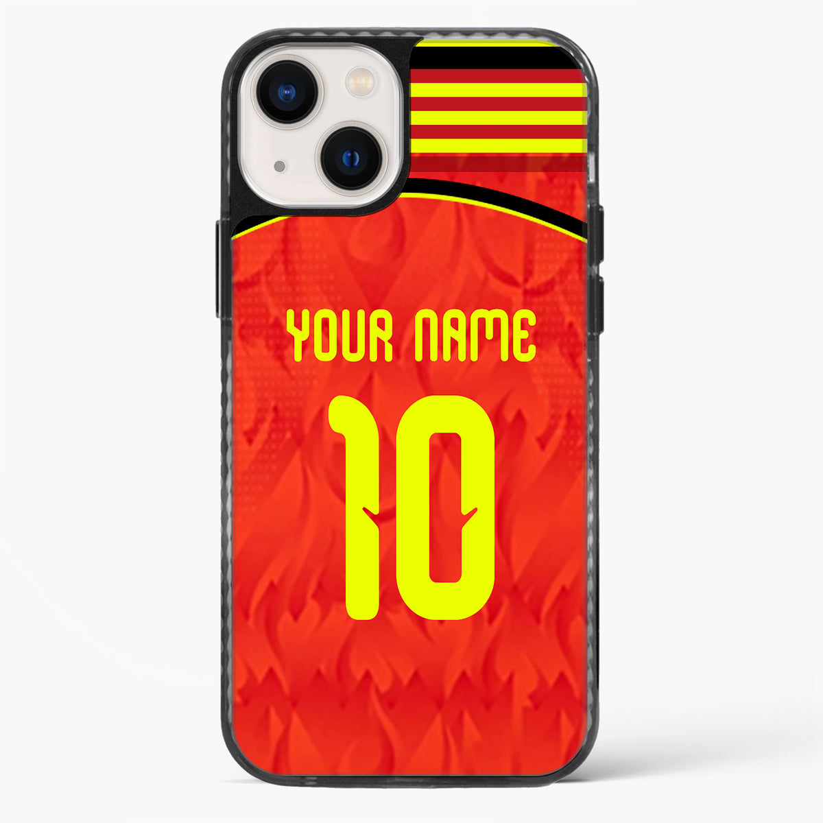 Phone case with red background, yellow number 10, and customizable text