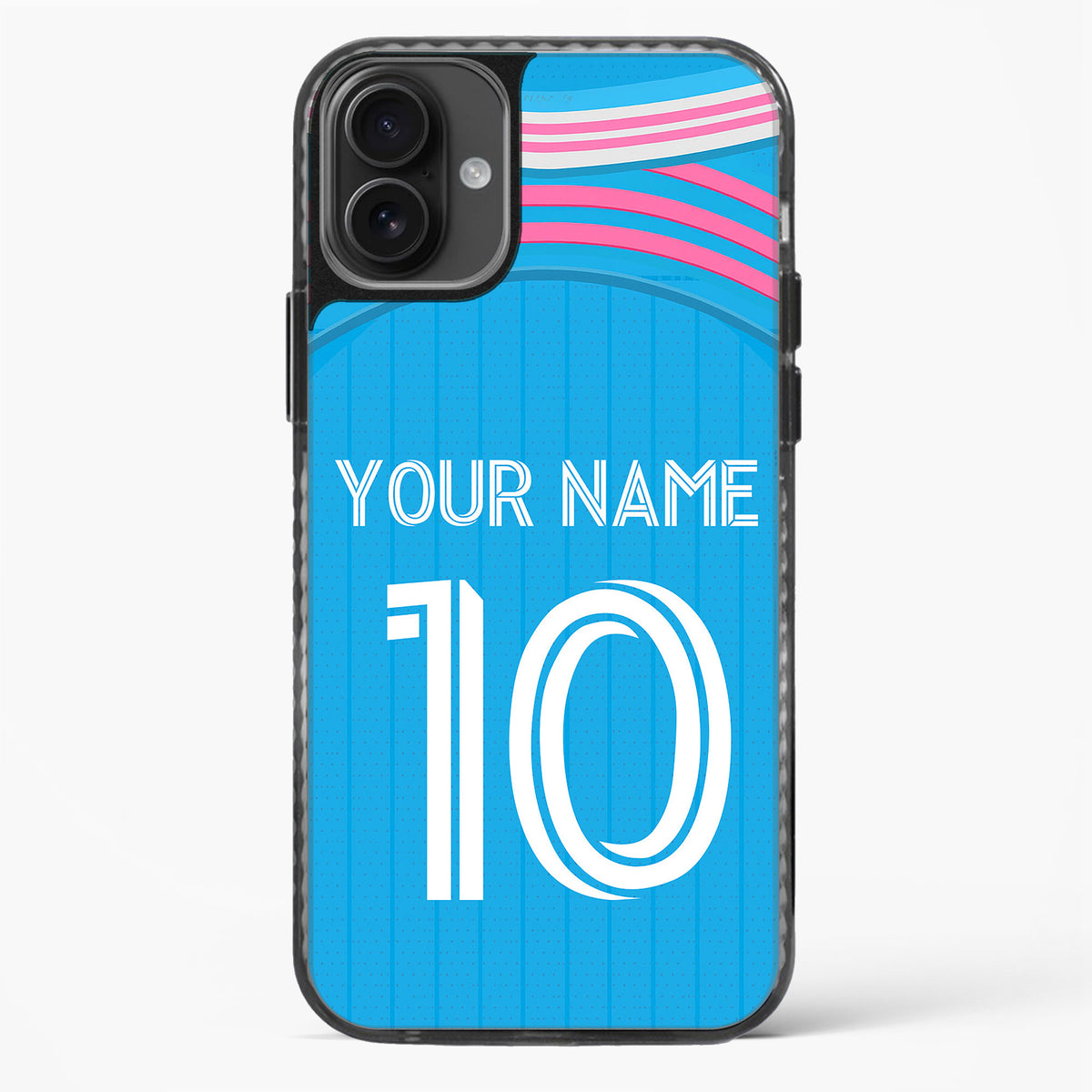 Phone case with blue background, white text, and pink accents on a white background
